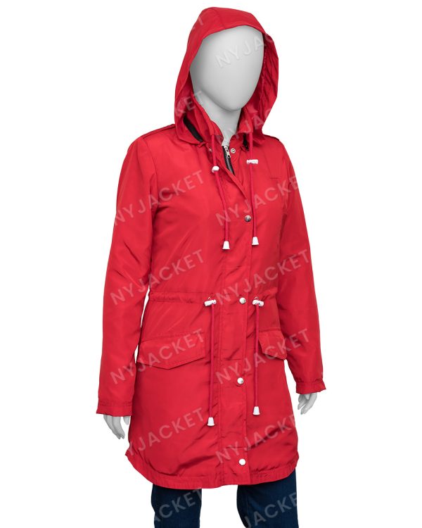 Women’s Polyester Red Rain Coat with Hood