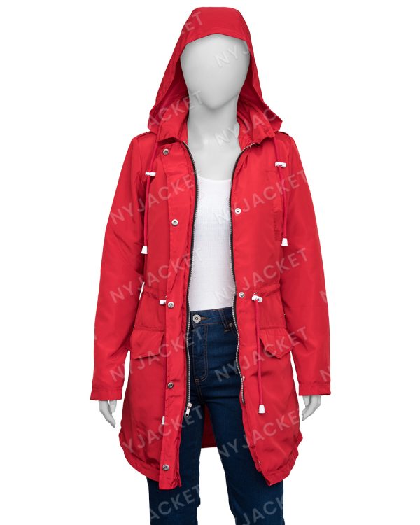 Women’s Polyester Red Rain Coat with Hoodie